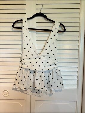 Polka Dot Peplum V-Neck Tank Top - White & Black